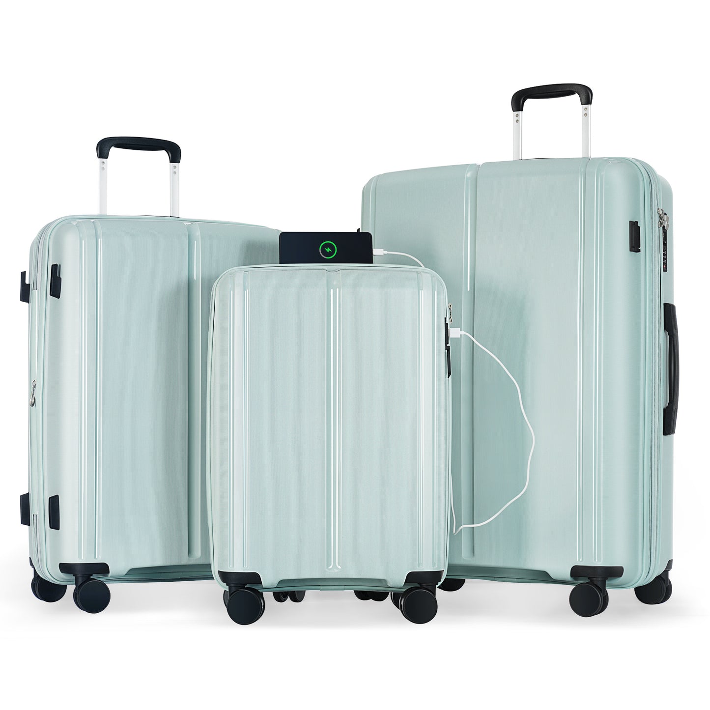 Luggage Sets 3 Piece Suitcase Set 20/24/28 with USB Port,Carry on Luggage Airline Approved,PP Lightweight Suitcase with Spinner Wheels, Grey Green