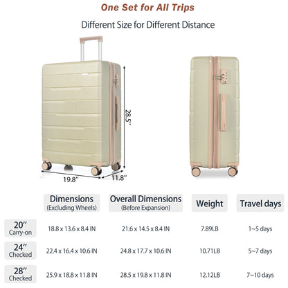 Luggage Sets 3 Piece Suitcase Set 20/24/28,Carry on Luggage Airline Approved,Hard Case with Spinner Wheels,Golden Green