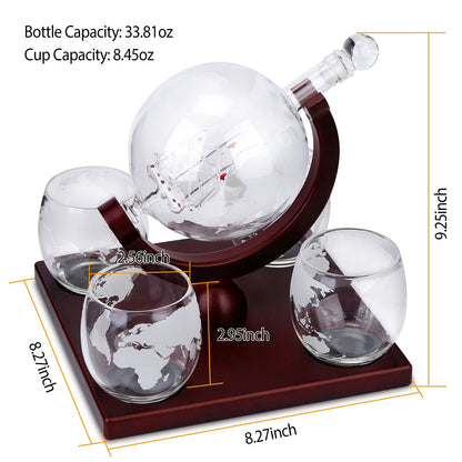 Whiskey Decanter Globe Set w/ 4Pcs 8.45OZ Etched World Whiskey Glasses