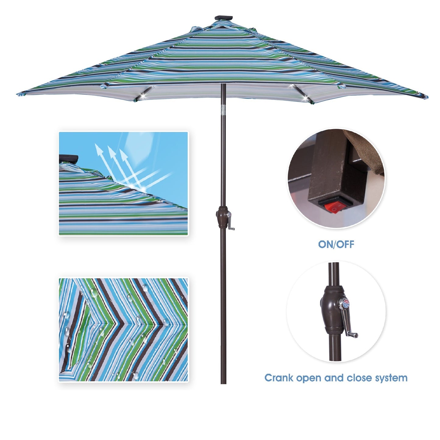 Outdoor Patio 8.7-Feet Market Table Umbrella with Push Button Tilt and Crank, Red Stripes With 24 LED Lights[Umbrella Base is not Included] RT