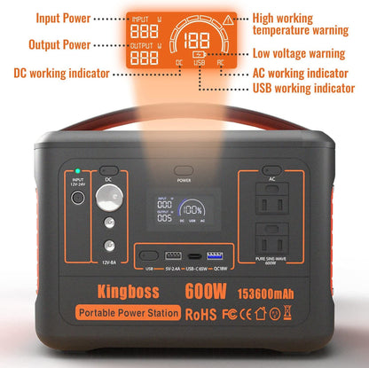 Portable Power Station 568Wh/600W Wireless Charger 15W PD Output 65W Type-C/QC 3.0/AC Outlets Solar Generator CPAP Battery Power Emergency Backup Power for Home Outdoor RV Camping Fishing