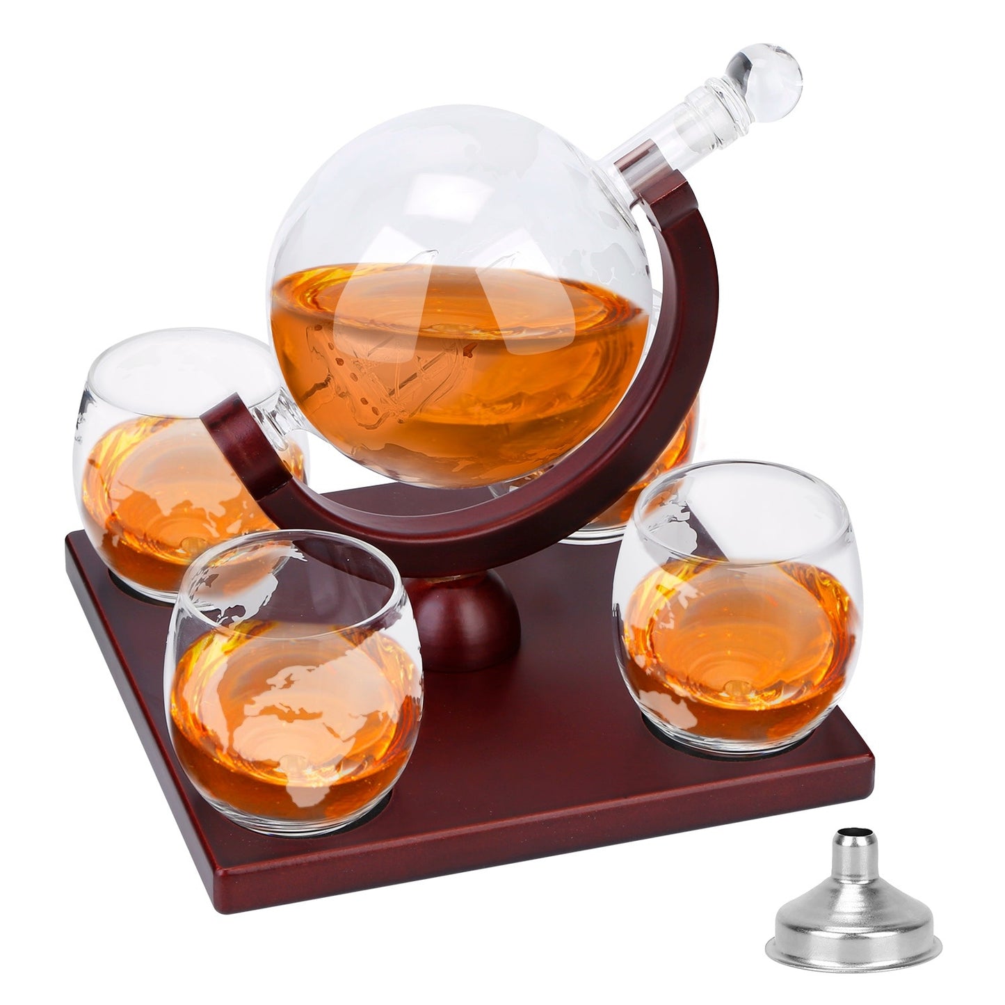 Whiskey Decanter Globe Set w/ 4Pcs 8.45OZ Etched World Whiskey Glasses