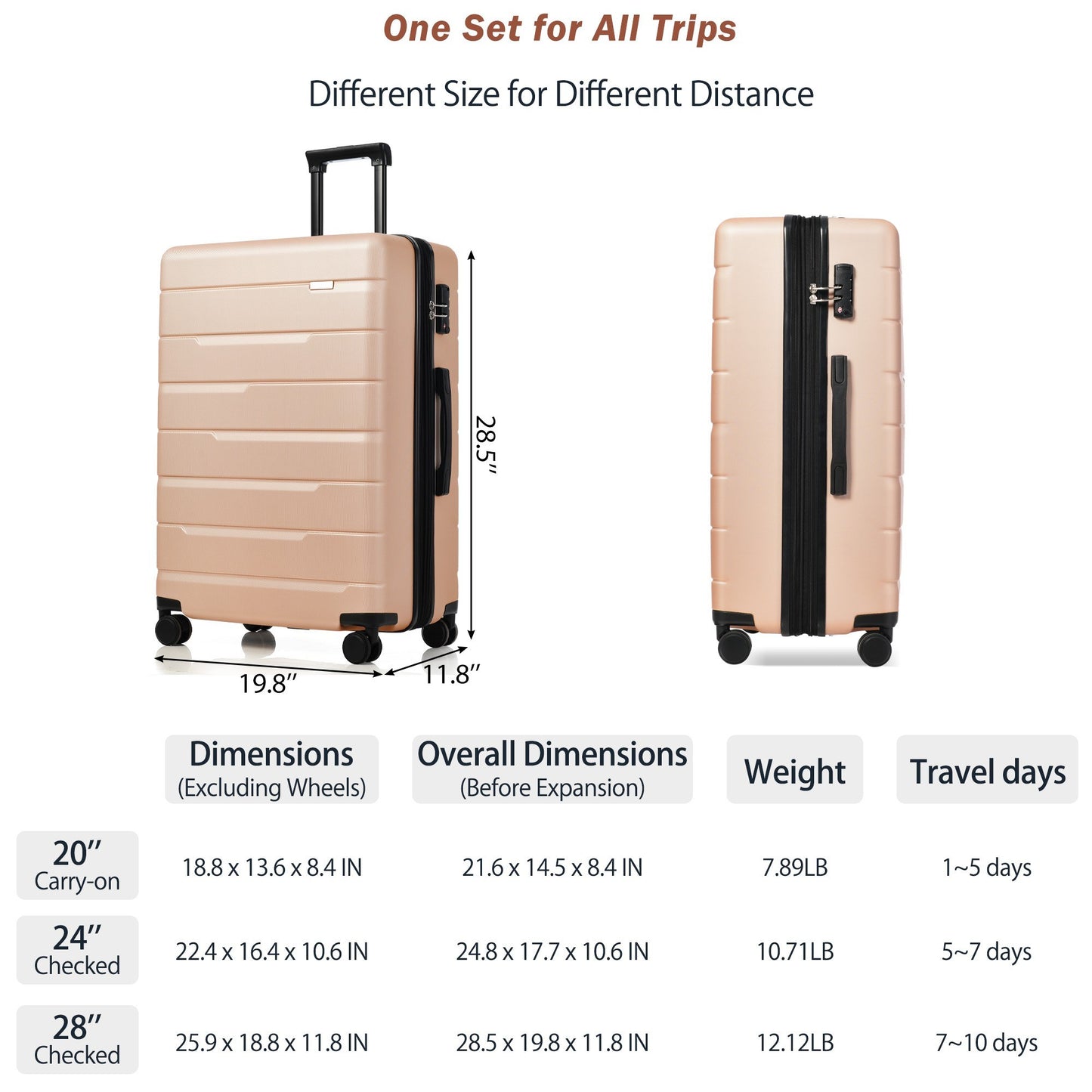 Luggage Sets 3 Piece Suitcase Set 20/24/28,Carry on Luggage Airline Approved,Hard Case with Spinner Wheels,Champagne