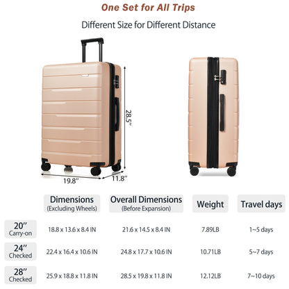 Luggage Sets 3 Piece Suitcase Set 20/24/28,Carry on Luggage Airline Approved,Hard Case with Spinner Wheels,Champagne