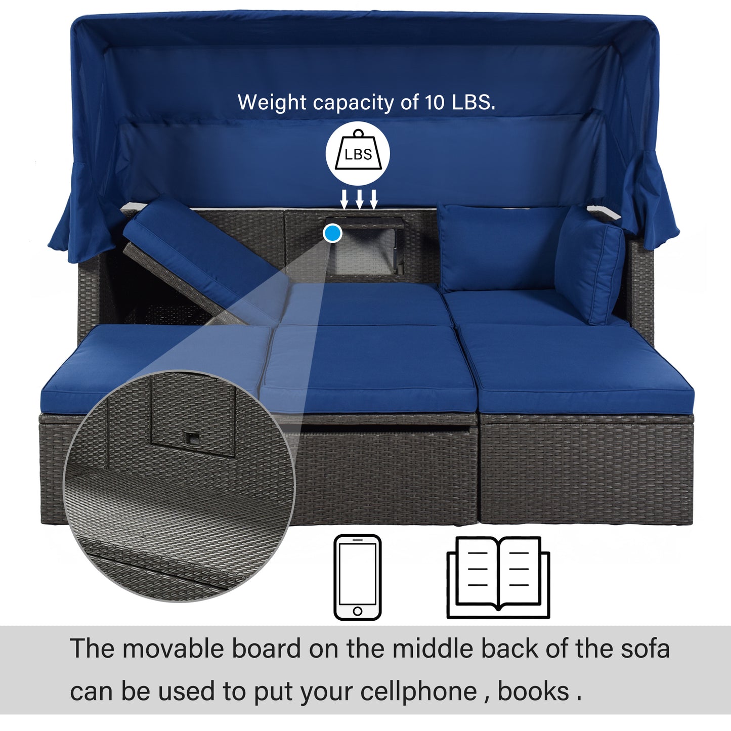 Outdoor Patio Rectangle Daybed with Retractable Canopy, Wicker Furniture Sectional Seating with Washable Cushions, Backyard, Porch