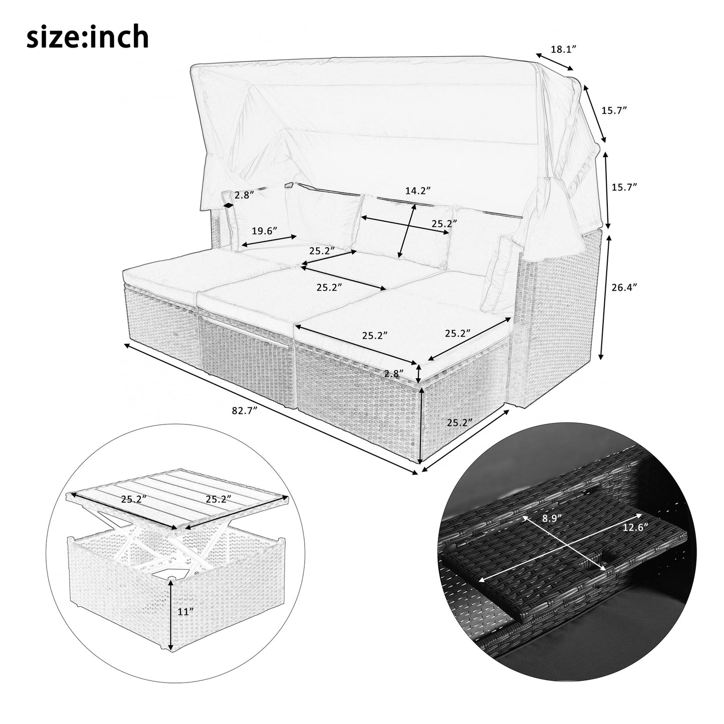 Outdoor Patio Rectangle Daybed with Retractable Canopy