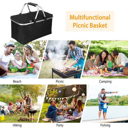 30L Insulated Picnic Basket Cooler Collapsible Food Delivery Storage Bag Grocery Market Basket Heat & Cool Insulation w/ Aluminum Handles