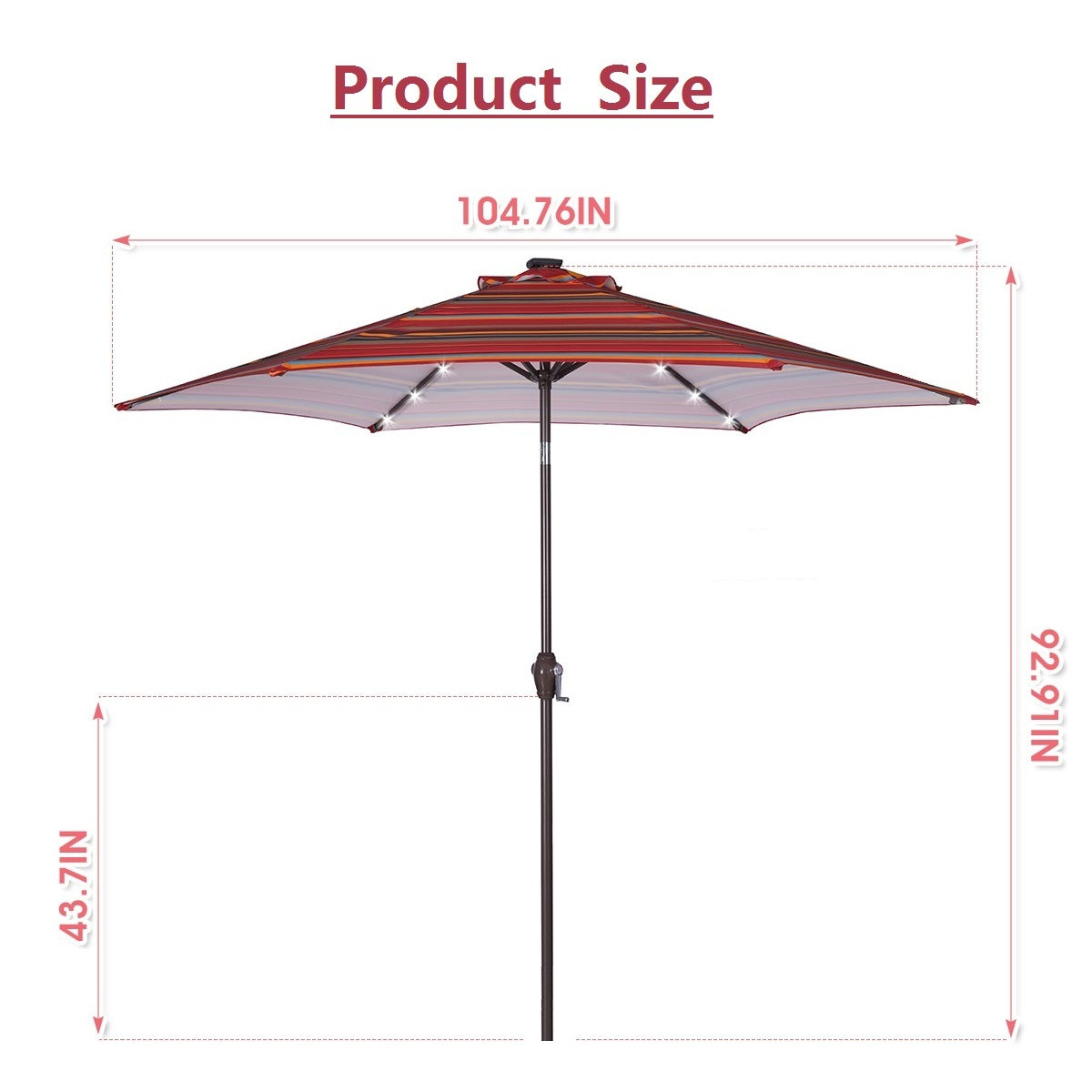 Outdoor Patio 8.7-Feet Market Table Umbrella with Push Button Tilt and Crank, Red Stripes With 24 LED Lights[Umbrella Base is not Included] RT