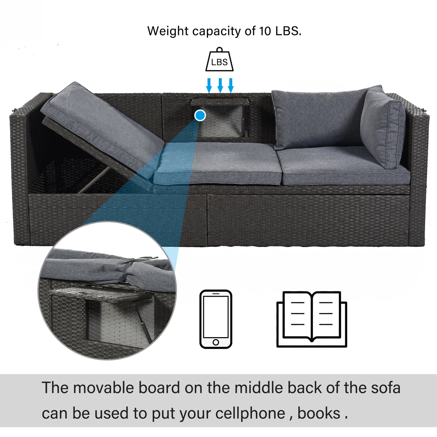 Outdoor Patio Rectangle Daybed with Retractable Canopy