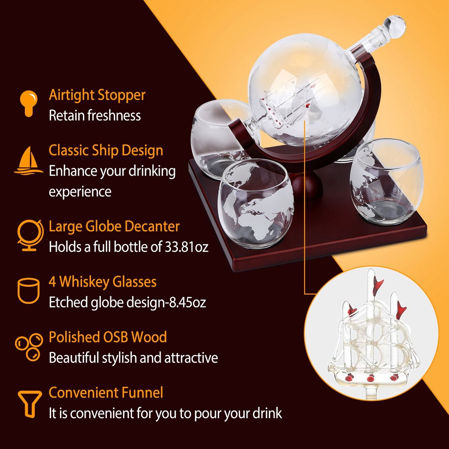 Whiskey Decanter Globe Set w/ 4Pcs 8.45OZ Etched World Whiskey Glasses