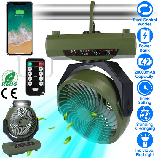 Rechargeable Oscillating Camping Fan with Flashlight Hanging Hook and Remote Control