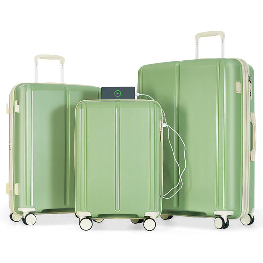 Luggage Sets 3 Piece Suitcase Set 20/24/28 with USB Port,Carry on Luggage Airline Approved,PP Lightweight Suitcase with Spinner Wheels,Green and Ivory