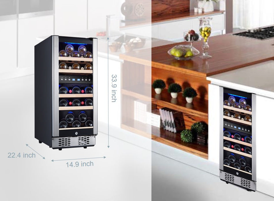 30 Bottles/15 Inch Dual Zone Low Noise Wine Cooler Refrigerator