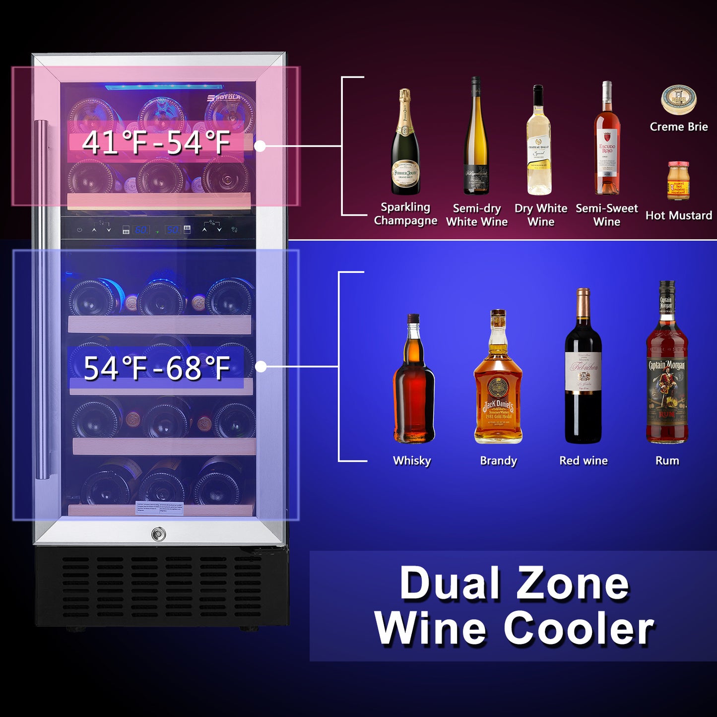 SOTOLA 15 Dual Zone Wine Chiller, Stainless Steel, Digital Temperature Control Screen