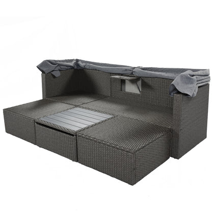 Outdoor Patio Rectangle Daybed with Retractable Canopy, Wicker Furniture Sectional Seating with Washable Cushions, Backyard, Porch