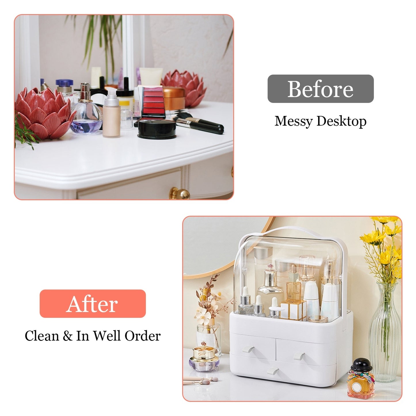 3 Tiers Makeup Organizer Cosmetic Storage Box with Dustproof Waterproof Lid