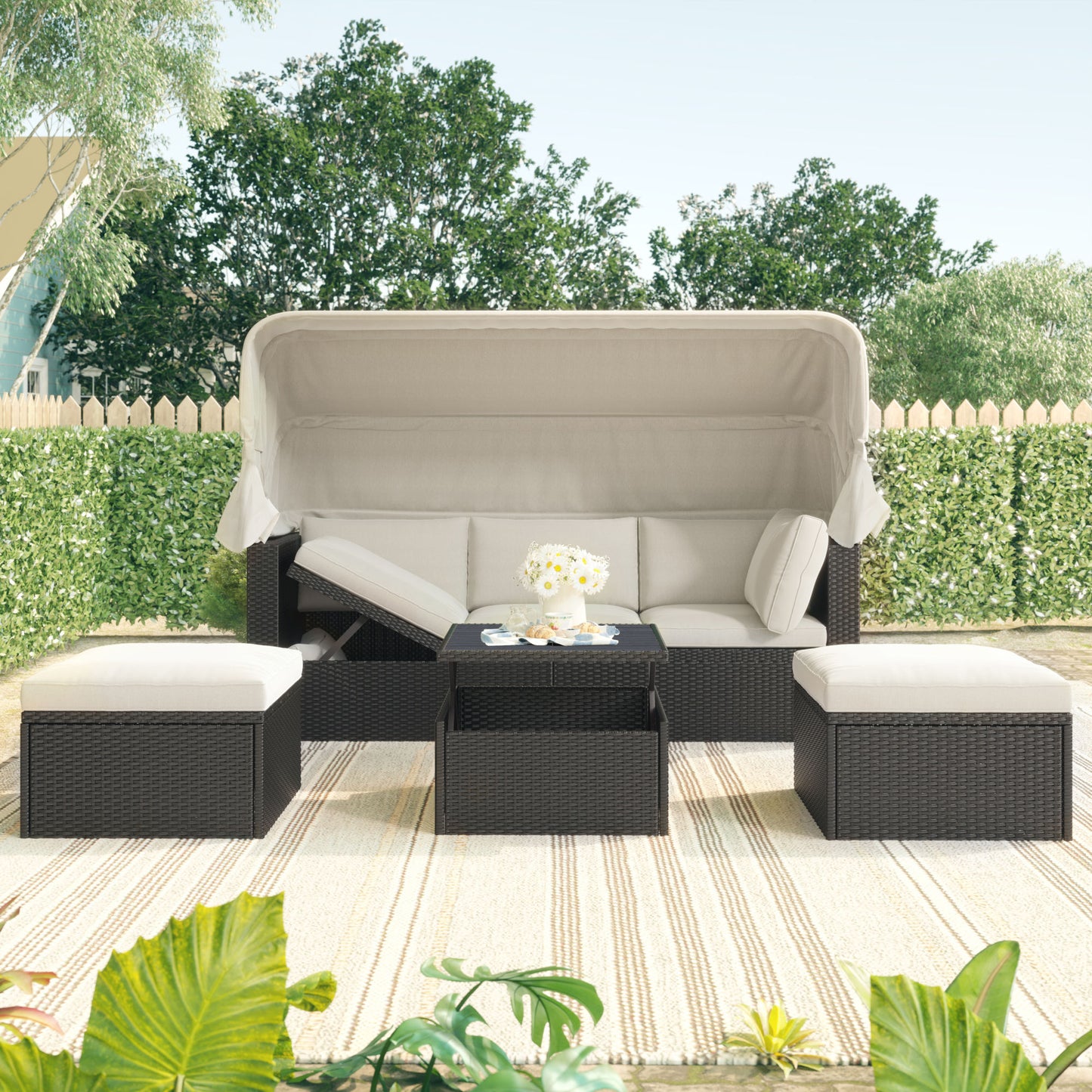 Outdoor Patio Rectangle Daybed with Retractable Canopy, Wicker Furniture Sectional Seating with Washable Cushions, Backyard, Porch