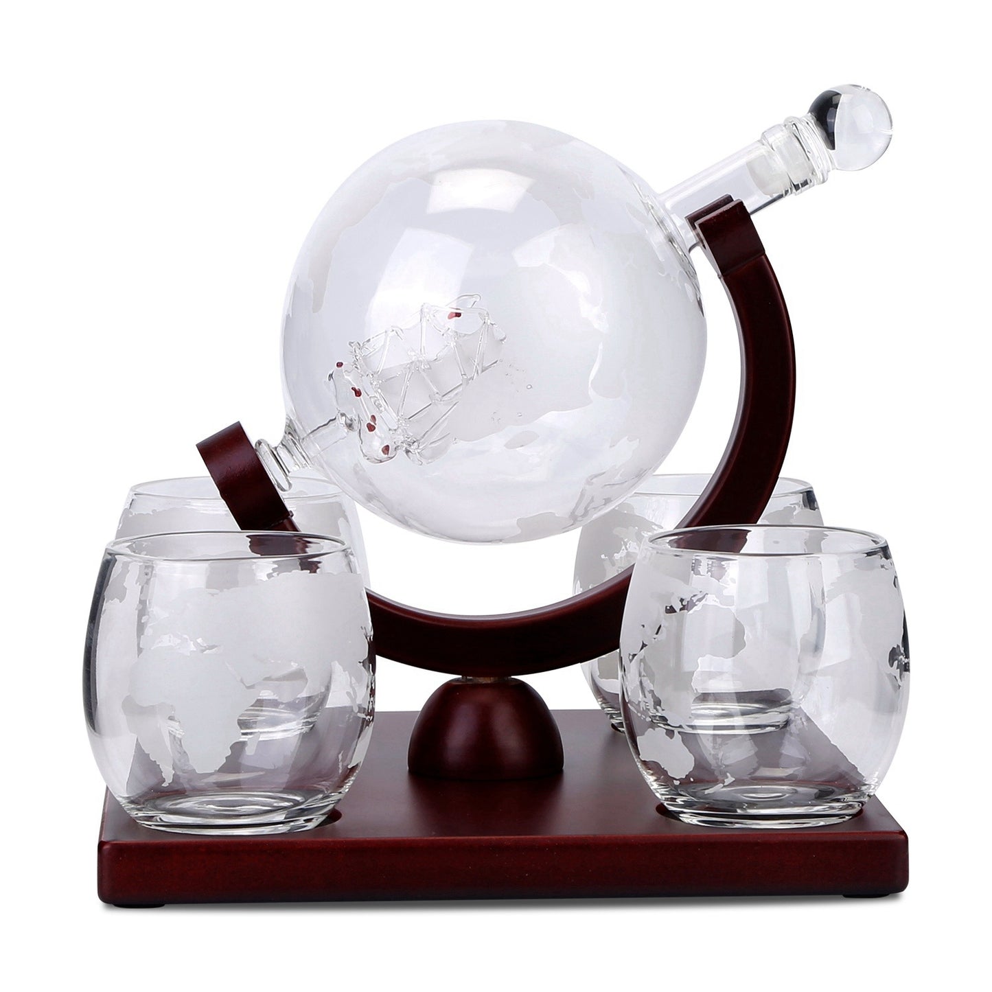 Whiskey Decanter Globe Set w/ 4Pcs 8.45OZ Etched World Whiskey Glasses