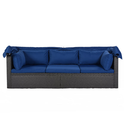 Outdoor Patio Rectangle Daybed with Retractable Canopy, Wicker Furniture Sectional Seating with Washable Cushions, Backyard, Porch